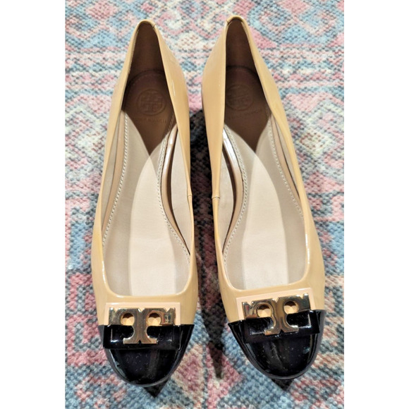 Tory Burch Gigi Pump Soft Patent Leather Heels Black/Beige Women’s Size 8.5 - Picture 1 of 7